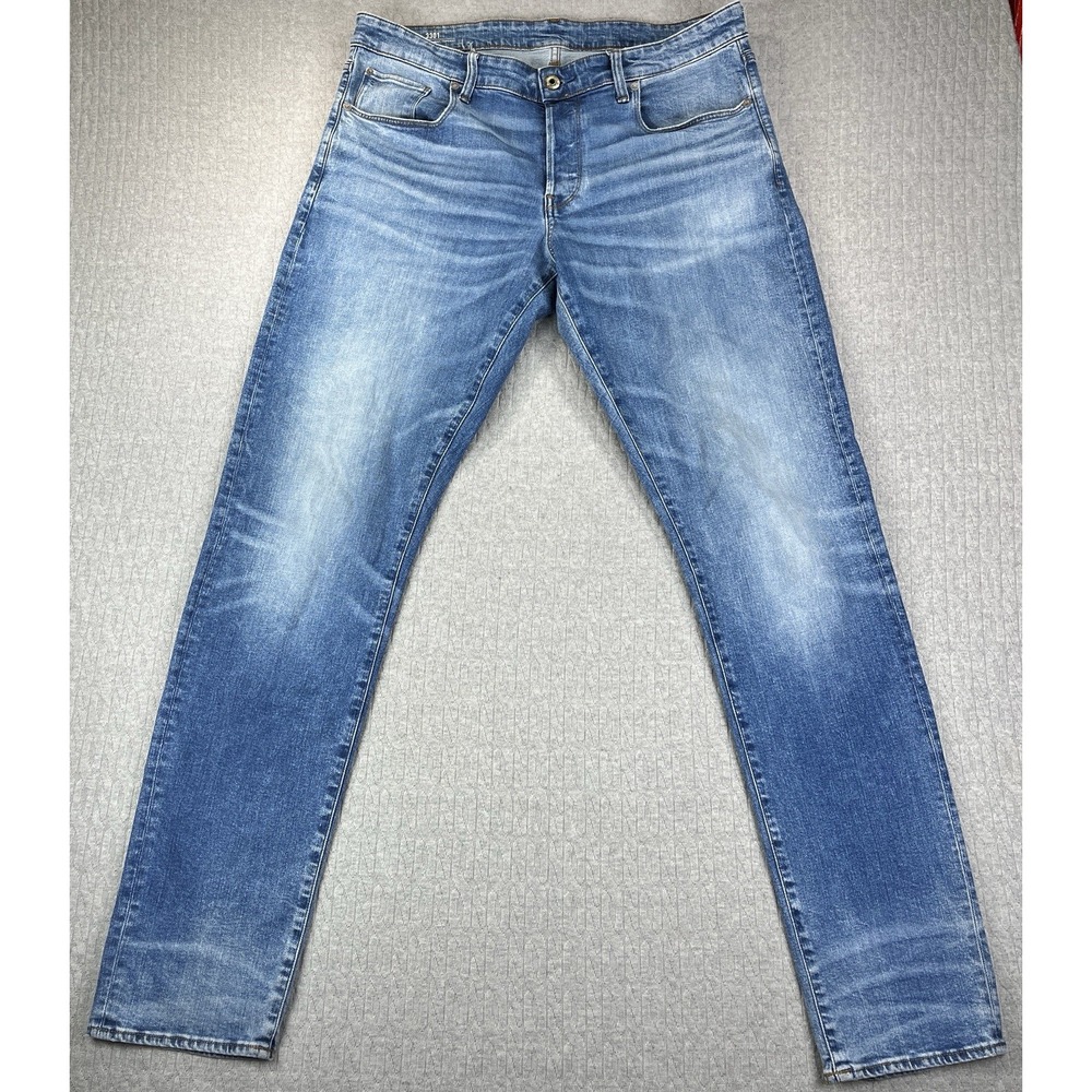 G-Star Raw Jeans Men 36X35 Blue Faded Distressed Tapered Streetwear Whiskered
